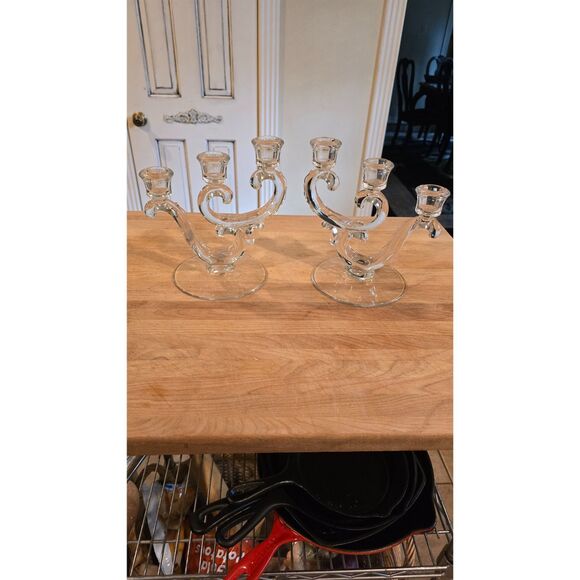 Fostoria Century Three Taper Candle Holders Set of 2 Clear Glass w Base 8" VTG - Picture 2 of 6